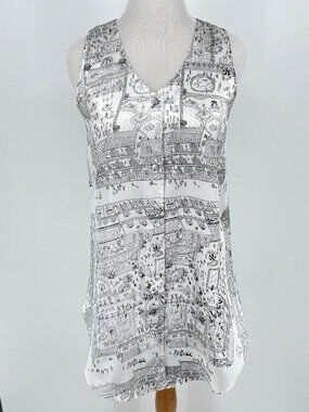 Opulence Black White Toile Cityscape Novelty Print Silky Tunic Mini Dress S